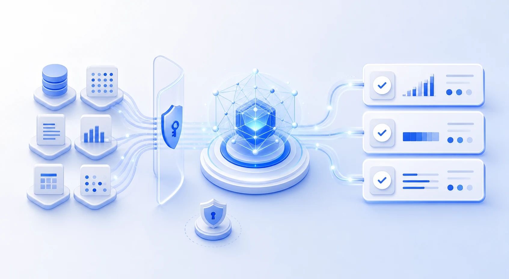 Concept illustration showing authorized data flowing through an access boundary to an AI reasoning layer and evidence-backed answers
