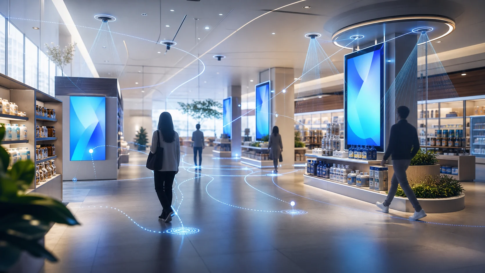 Concept illustration of in-store screens and anonymous shopper movement signals